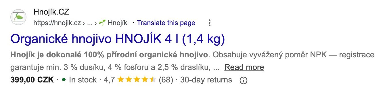 Skutočný výsledok Hnojíka v Googli: cena 399 Kč, na sklade, hodnotenie 4,7 z 5 (68 hodnotení)